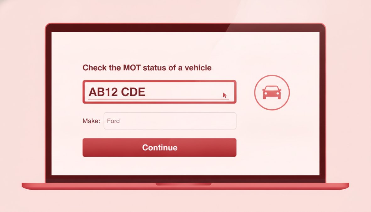 Close-up of a laptop screen displaying the DVLA vehicle enquiry service homepage with a registration number entry field clearly visible