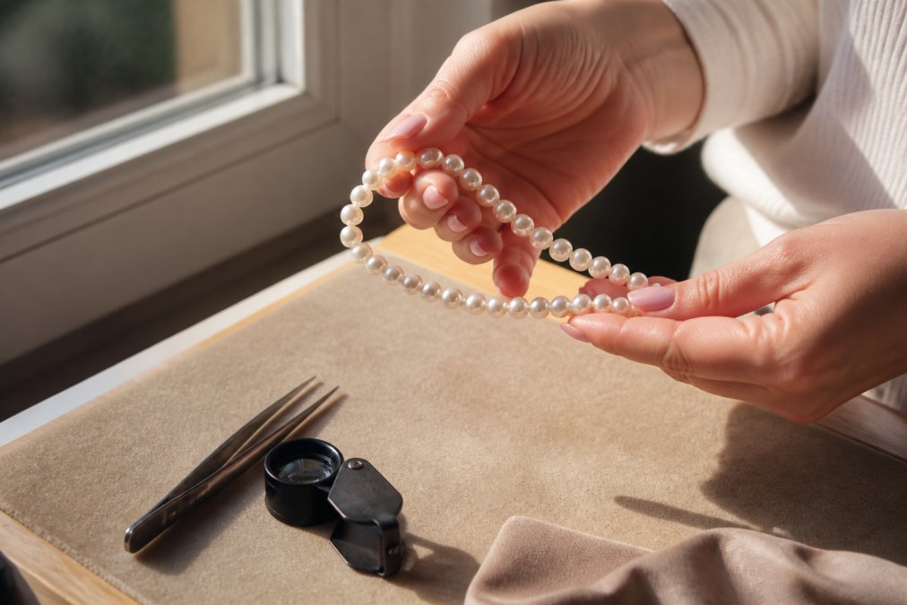 Close-up of a woman's hands holding a strand of lustrous white freshwater pearls near a window, natural light catching the surface sheen