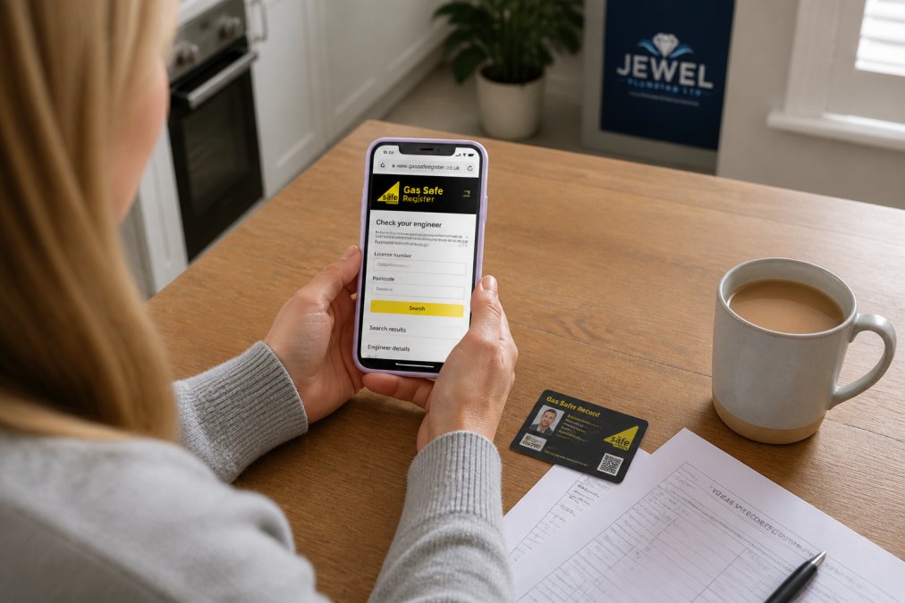 A homeowner at a kitchen table holding a smartphone showing a registration lookup page, with a Gas Safe ID card and paperwork beside a cup of tea