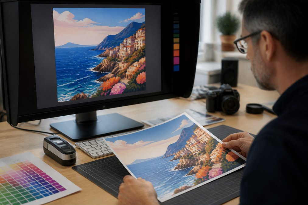 Close-up of a designer's desk with a calibrated monitor displaying a vivid travel poster alongside a printed version of the same poster, with a colorimeter device resting beside the keyboard