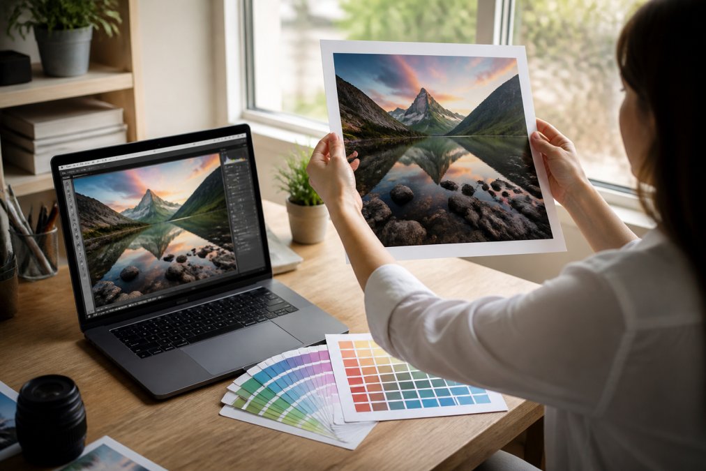 A person holding a printed art poster up to natural window light, comparing it carefully to a laptop screen showing the same image in design software, with colour swatches visible on the desk