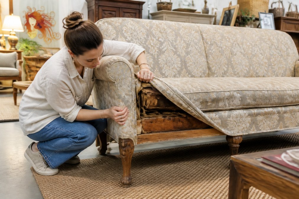 Person inspecting the wooden frame of a vintage upholstered furniture piece in a showroom