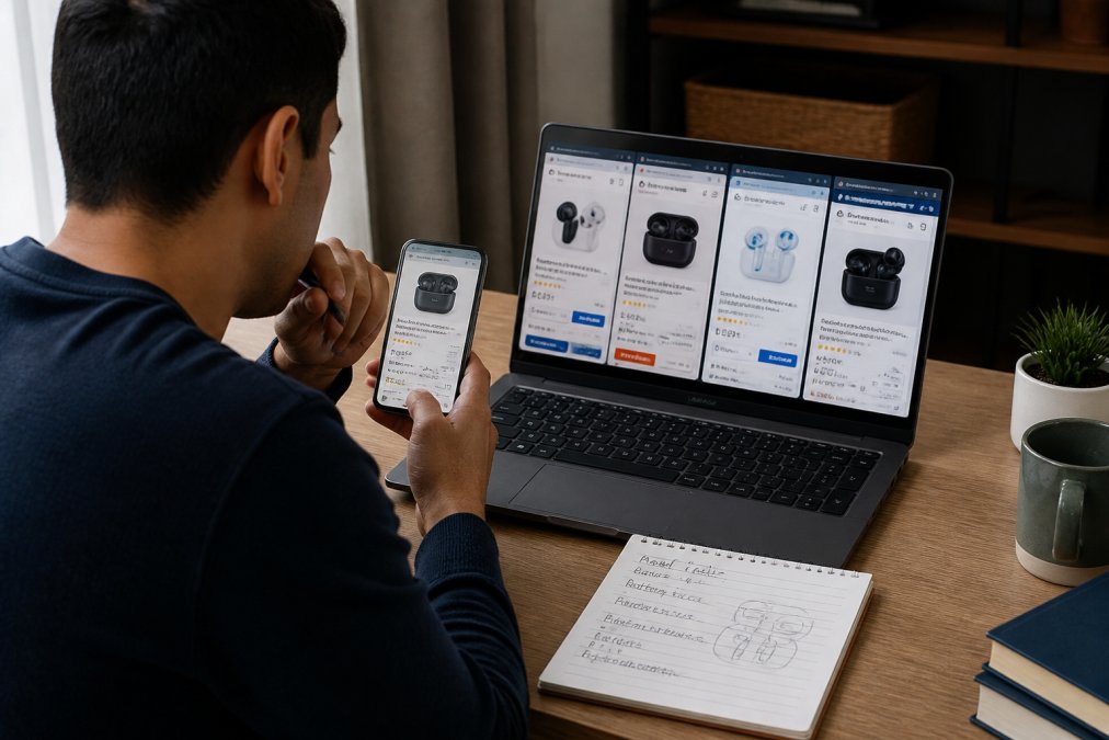 Person sitting at a desk with a laptop and smartphone, comparing prices on multiple browser tabs and shopping apps, with a notepad showing price notes and product details nearby