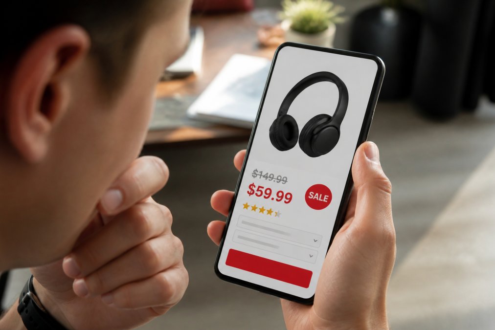 Close-up of a smartphone screen displaying a product listing with a crossed-out price showing $149.99 and a sale badge showing $59.99, with a skeptical shopper's hand holding the phone examining the details in natural daylight