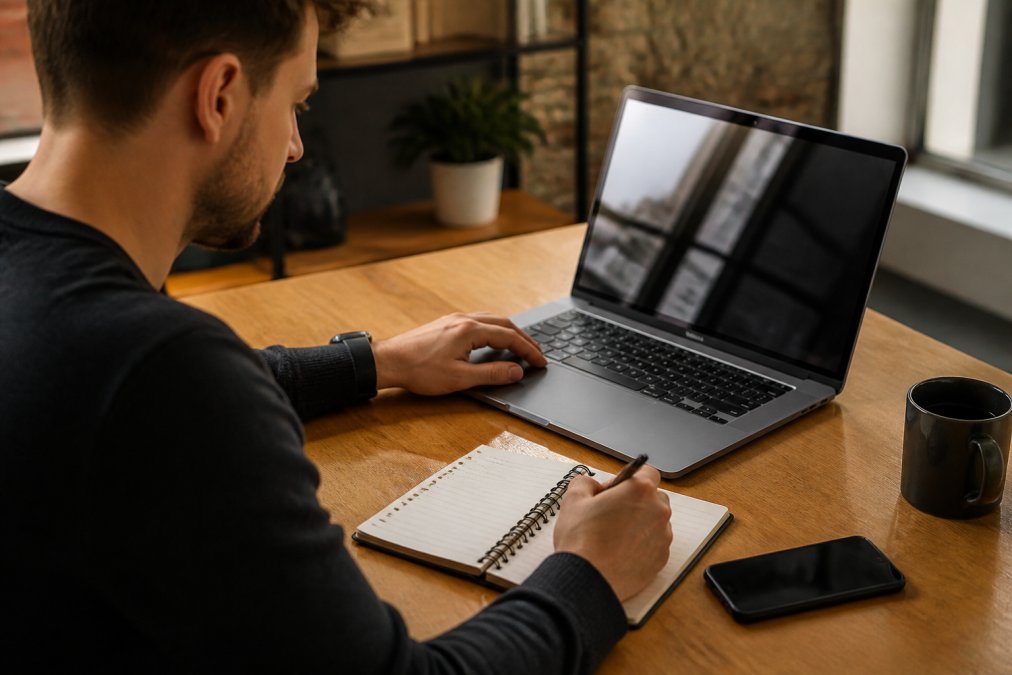 Person on a laptop reviewing terms and conditions on a retailer website, with a notepad and pen nearby for taking notes