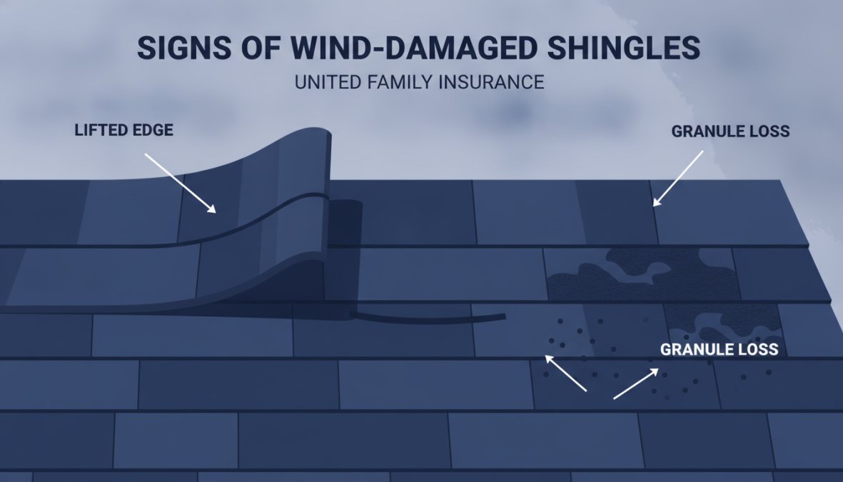 Professional illustration showing how to check roof for wind damage