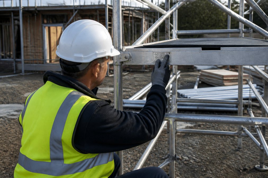 A site supervisor in a high-vis vest and hard hat inspecting the data plate on an aluminium scaffold tower outdoors on a construction site