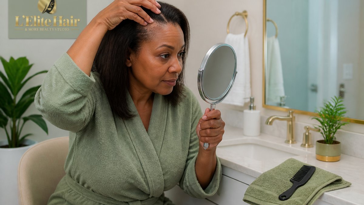 A woman sitting at a brightly lit bathroom vanity, using a hand mirror to part her hair and examine her scalp, with a comb and towel nearby