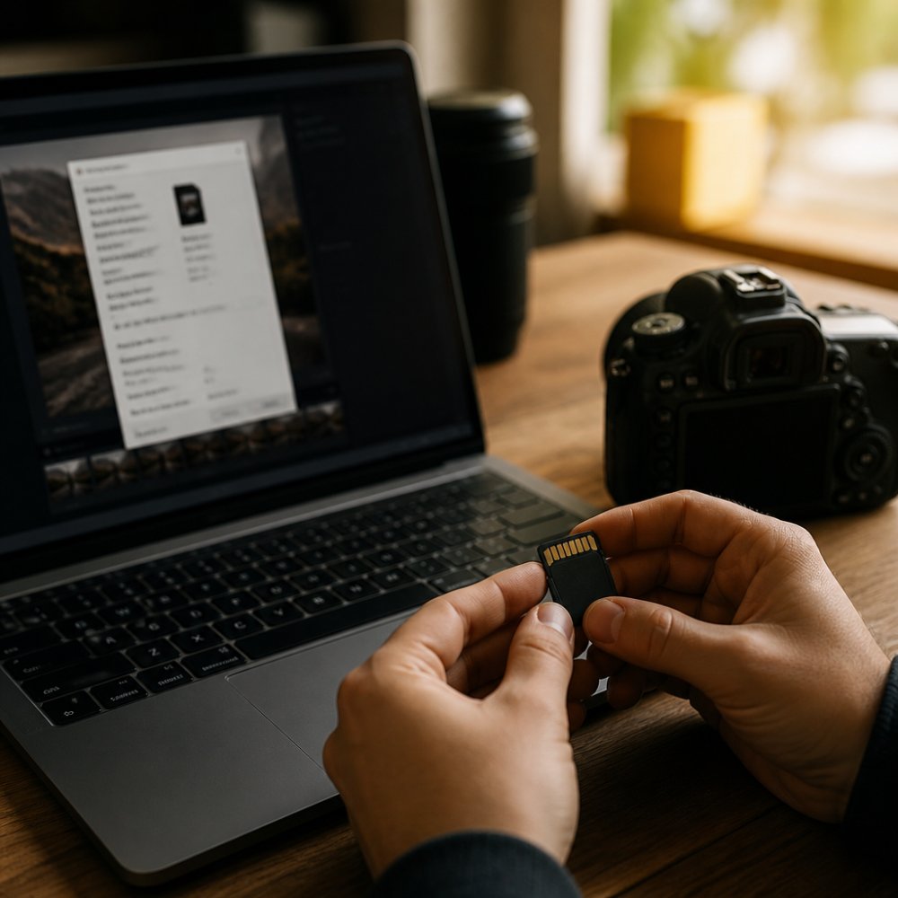 Close-up of hands holding a memory card next to a laptop showing an image file's properties window, with a camera body on a wooden desk in soft window light