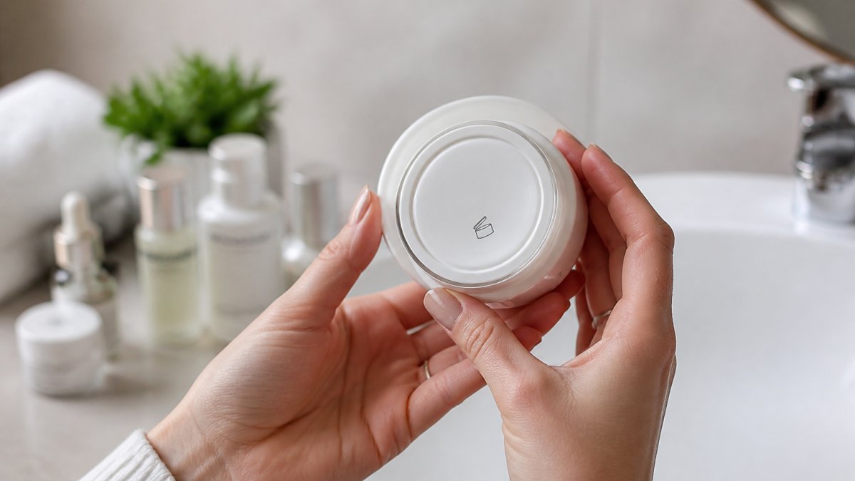 Hands holding a white skincare jar highlighting the open-jar symbol printed on the bottom label.