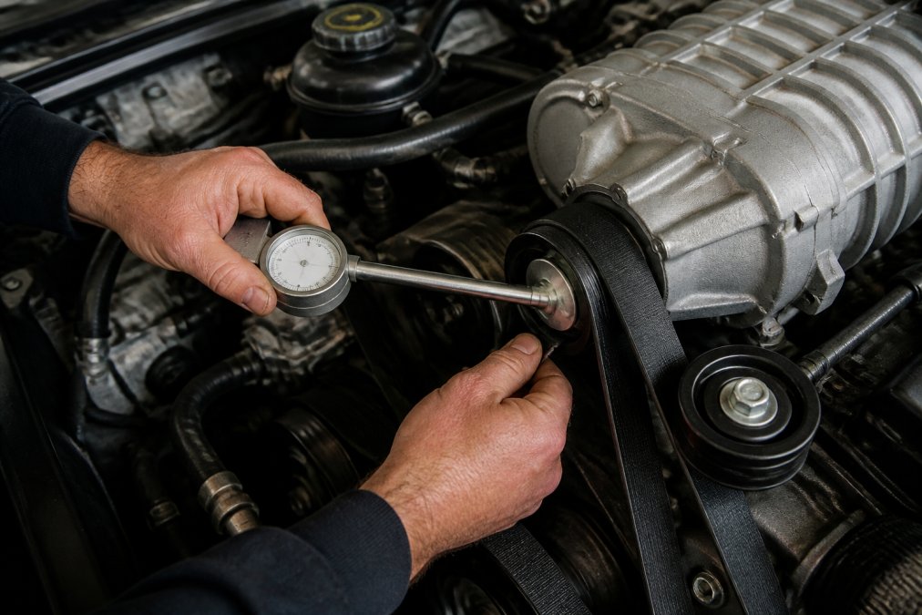 Close-up of a mechanic's hands using a belt tension gauge on a supercharger drive belt in a clean engine bay, with the tensioner and pulley clearly visible