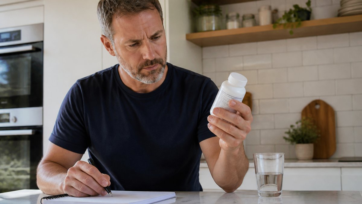 Close-up of a person in their forties holding a supplement bottle in one hand and reading the back label closely in a bright kitchen, with a notebook and pen on the counter beside them
