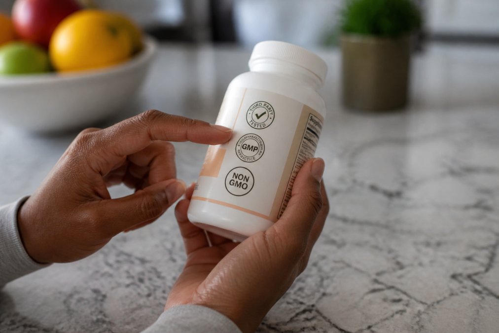 Close-up of hands holding a white supplement bottle, turning it to show a third-party certification seal on the label in sharp focus under bright kitchen lighting