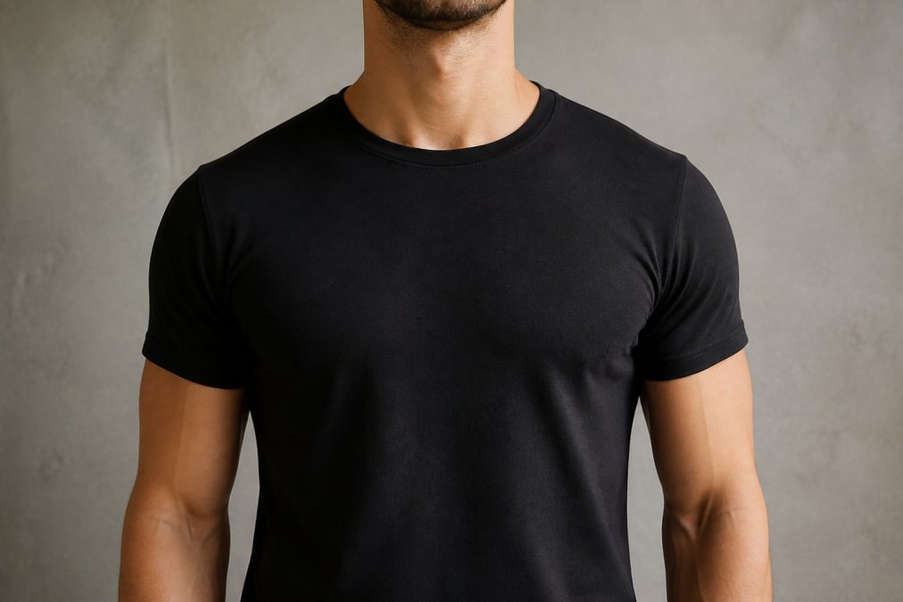 Person wearing a fitted t-shirt viewed from front, with focus on shoulder seams aligned at natural shoulder point where collarbone meets shoulder joint, natural studio lighting
