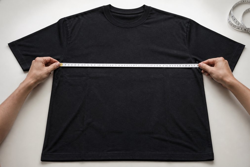 Flat-laid t-shirt on white surface with soft measuring tape positioned across chest width, showing proper measurement technique with tape parallel to garment edge, natural overhead lighting