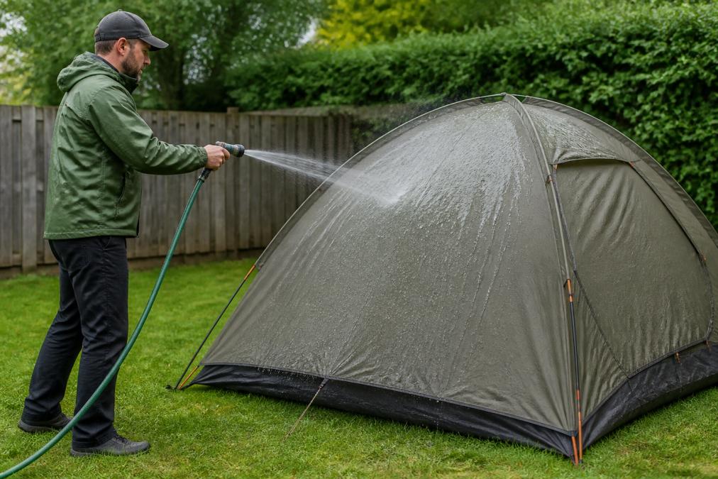 A person in casual outdoor clothing spraying a pitched camping tent with a garden hose in a grassy backyard, water beading on the rainfly, daylight scene