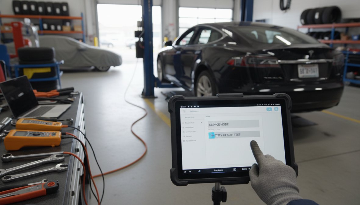 Close-up of a Tesla touchscreen displaying a service diagnostics menu inside a vehicle interior, with a technician's gloved hand navigating the screen under warm cabin lighting