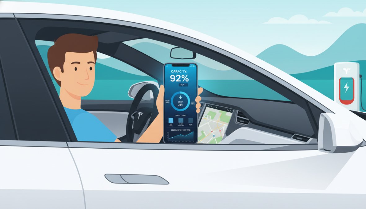 A person holding a smartphone displaying a Tesla battery health monitoring app with charge percentage and range data, seated in the driver's seat of a Tesla with the dashboard visible in soft daylight