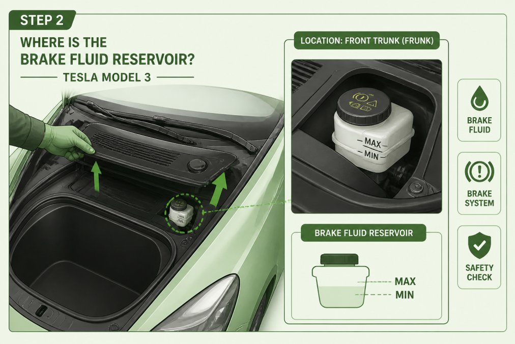Close-up of a technician's gloved hands lifting the plastic frunk cover on a Tesla Model 3 to reveal the brake fluid reservoir cap and MIN/MAX markings