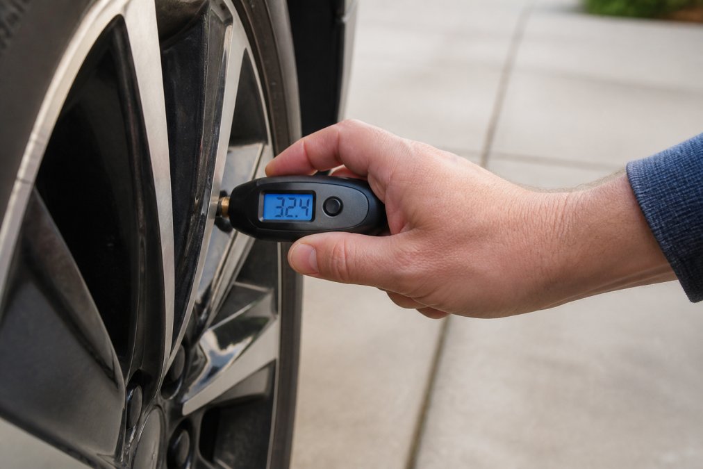 A close-up of a person's hand pressing a digital tire pressure gauge onto the valve stem of a car tire in a bright driveway, with the gauge display showing a reading