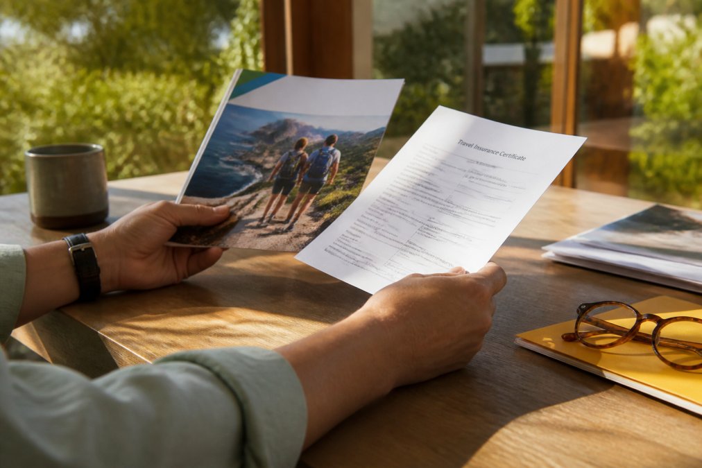 A traveller's hands holding a printed tour brochure and insurance certificate while reviewing documents at a wooden table, with morning light streaming through a window