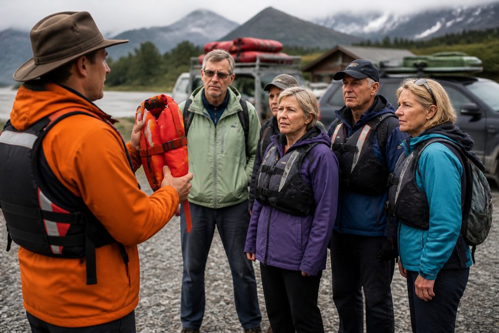 A professional tour guide demonstrating safety equipment and procedures to a small group of mature travellers in outdoor clothing before departure, with vehicles and remote landscape visible in background