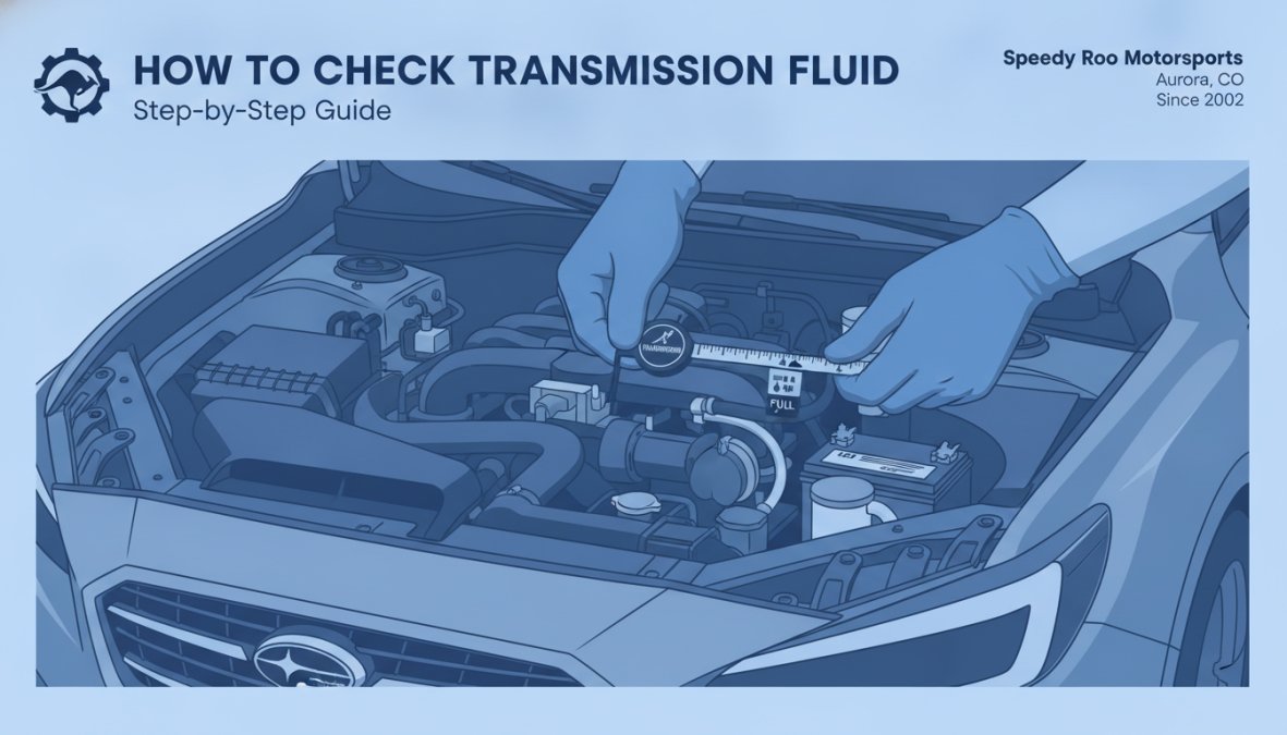Mechanic's hands locating and removing the transmission dipstick from under an open hood, showing the dipstick clearly against the engine background with natural daylight