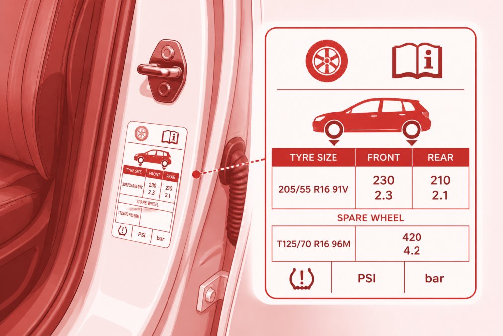 Driver's door jamb with tyre placard visible, showing pressure specifications in PSI and bar clearly readable on white label