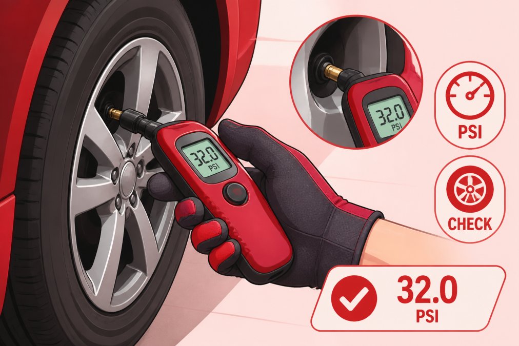 Professional demonstrating how to hold a digital tyre pressure gauge firmly against a car's valve stem, with the gauge display clearly visible showing PSI reading in natural daylight