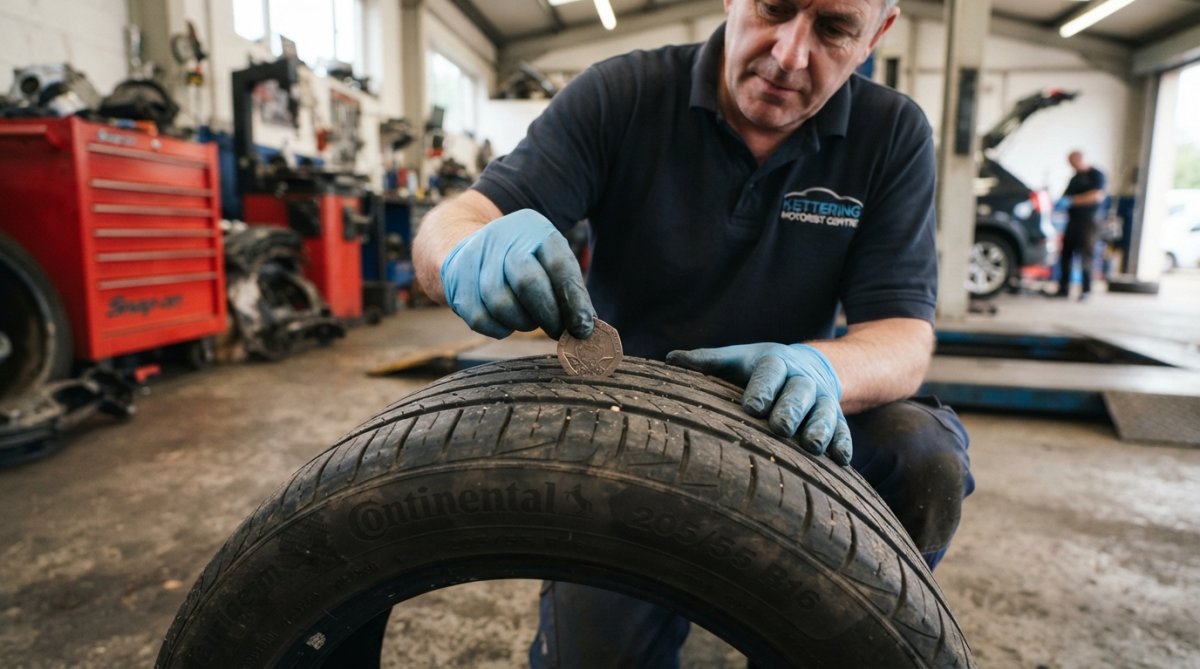 Close-up of a 20p coin being inserted into a tyre tread groove at an angle to demonstrate the coin test method, showing the coin's outer rim at the tread surface level