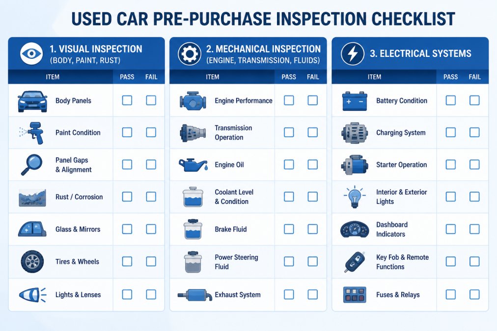 Watercolor inspection checklist matrix showing visual inspection items (body, paint, rust), mechanical items (engine, transmission, fluids), and electrical systems with pass/fail columns, organized in three sections