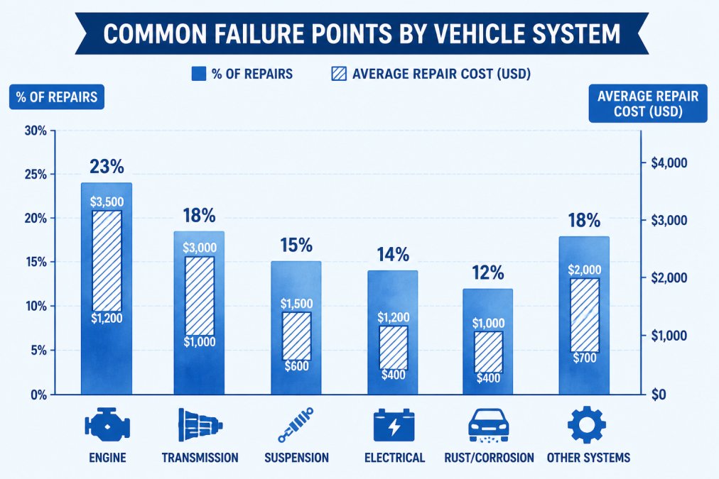 Watercolor bar chart comparing common failure points by vehicle system: engine (23% of repairs), transmission (18%), suspension (15%), electrical (14%), rust/corrosion (12%), and other systems (18%), with average repair costs ranging from $400 to $3,500