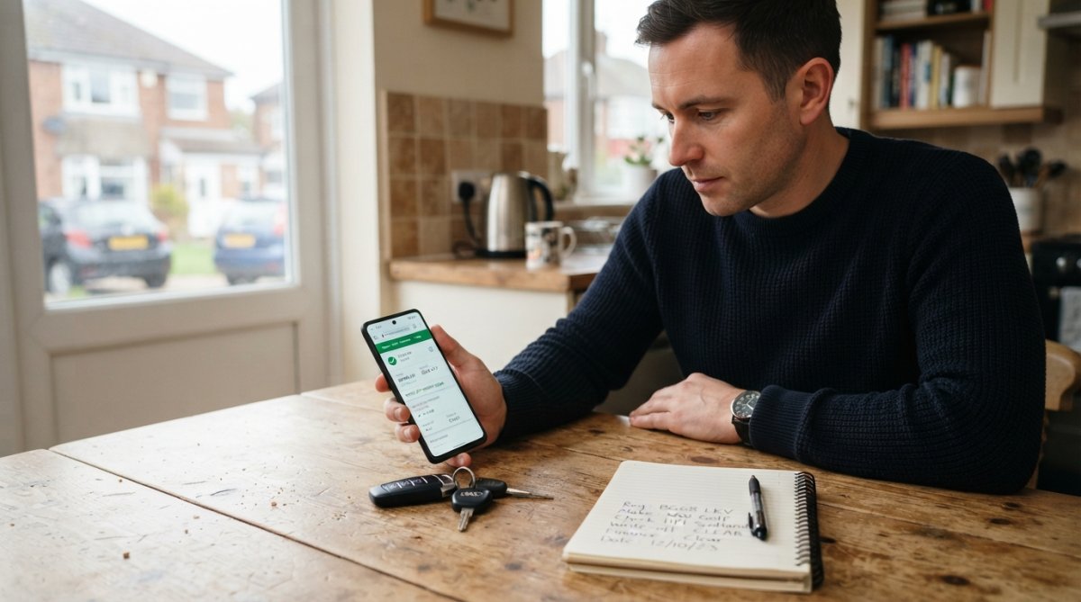 A person sitting at a kitchen table holding a smartphone showing a vehicle check result, with car keys and a notepad placed nearby under natural daylight