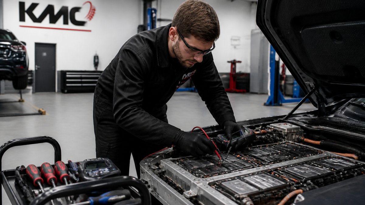 Professional technician using diagnostic equipment to check electric vehicle battery system in modern garage with proper lighting and tools visible