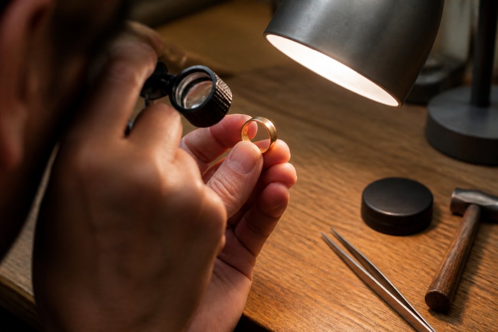 Close-up of a hand holding a vintage gold ring under a bright desk lamp, peering through a jeweler's loupe at the inscription inside the band