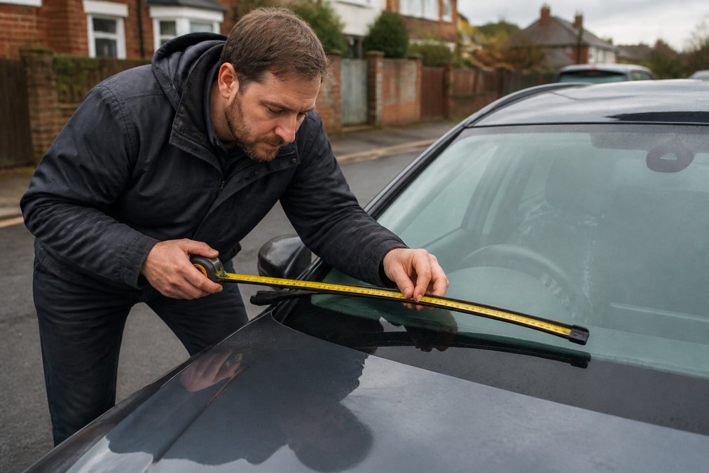 A person kneeling beside a car windscreen on a residential street, holding a tape measure flat against a wiper blade to check its length, grey overcast daylight
