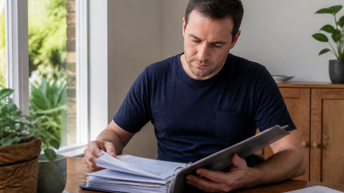 Homeowner examining a document file or folder containing electrical certificates at a home desk, with natural light from a window