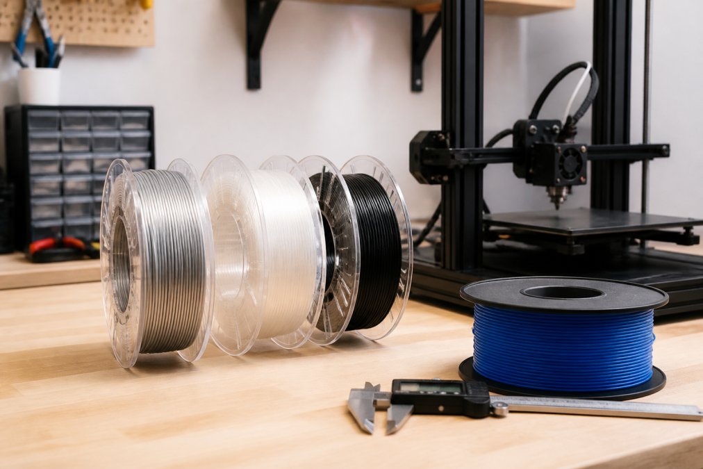 Three open spools of 3D printer filament in silver, clear, and black placed on a clean workbench beside a small desktop 3D printer, with a caliper and spool of blue filament in the foreground under bright workshop lighting