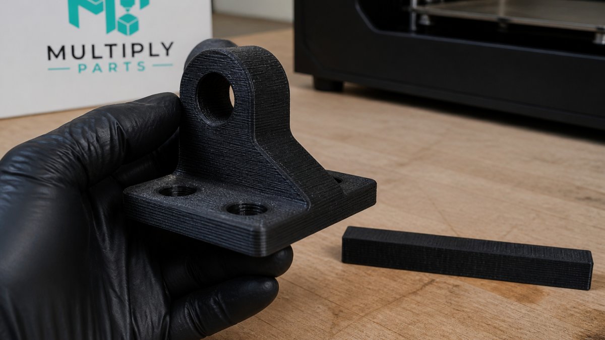 How to Choose 3D Printing Materials for Strength 2 Close-up of a 3D-printed bracket held in a gloved hand, with visible layer lines running horizontally across the part and a printed test bar on a workbench beside it