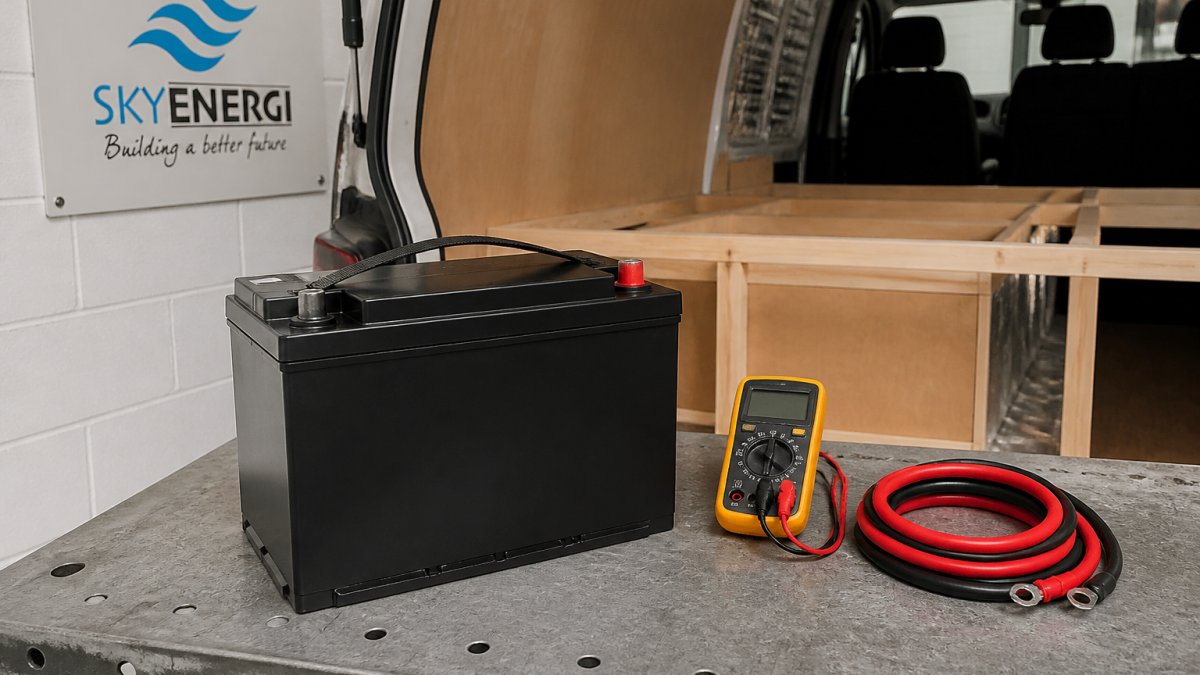 Compact 12V LiFePO4 battery on a workbench with wires and a multimeter inside a campervan shell