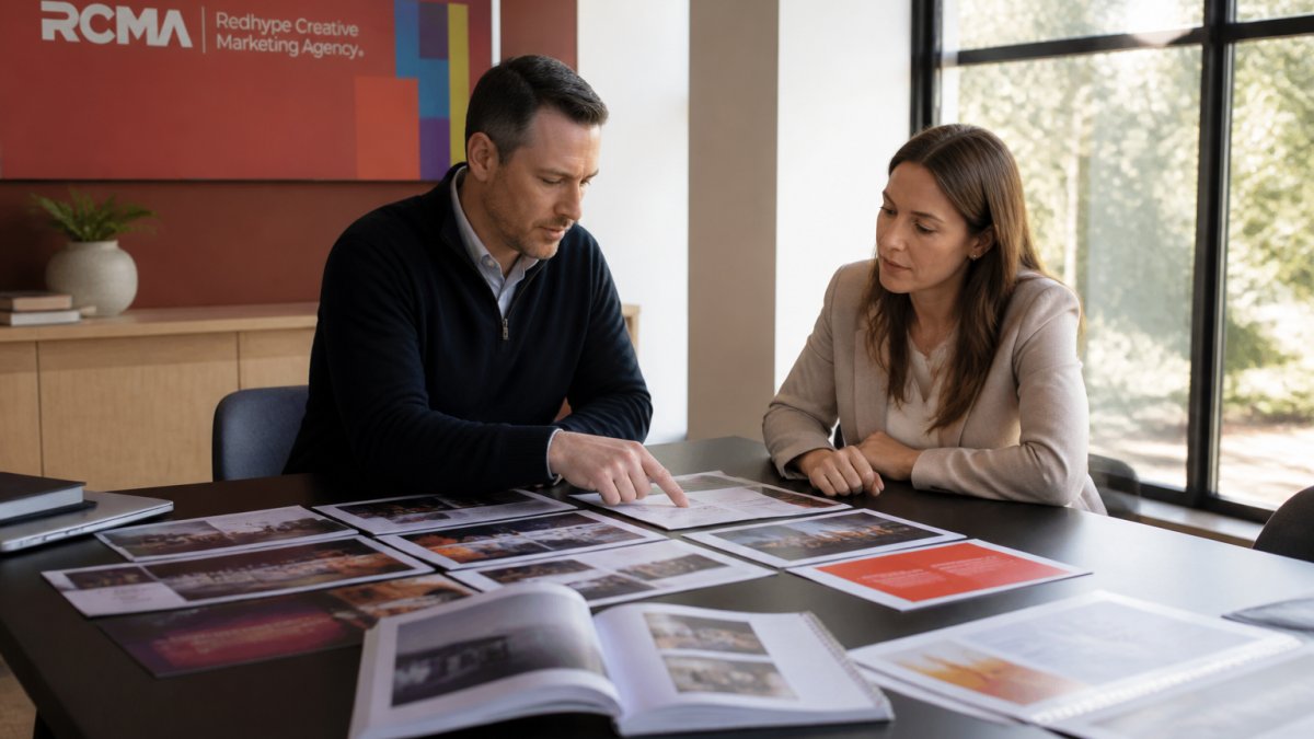 Marketing director and agency strategist in conference room reviewing brand strategy documents and case studies on table, natural light from windows