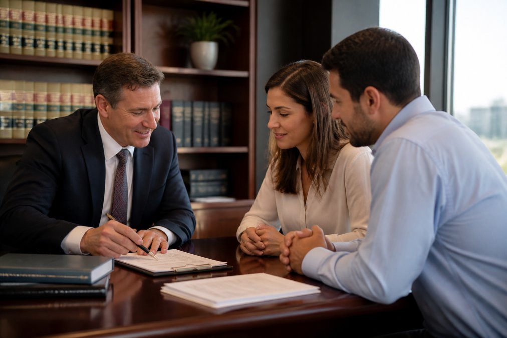 A professional attorney in a suit meeting with a couple across a desk in a bright, modern law office, reviewing documents together in a calm, supportive setting