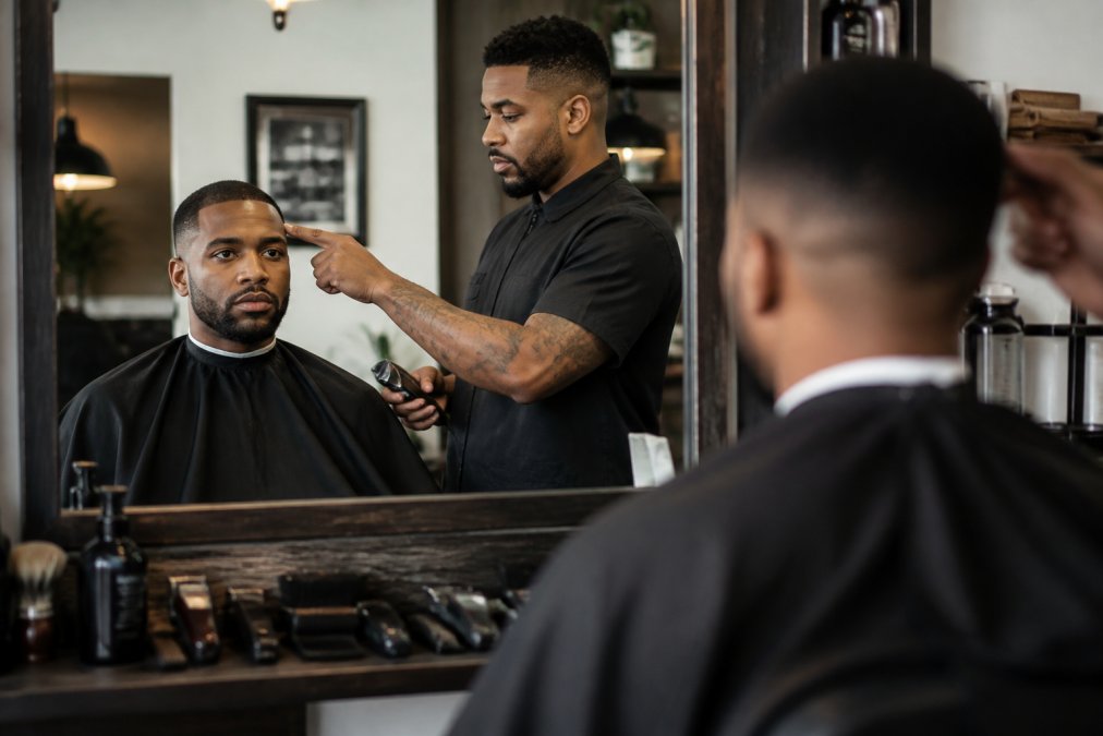 Barber consulting with a client in a studio to help you choose a barber for your next professional haircut.