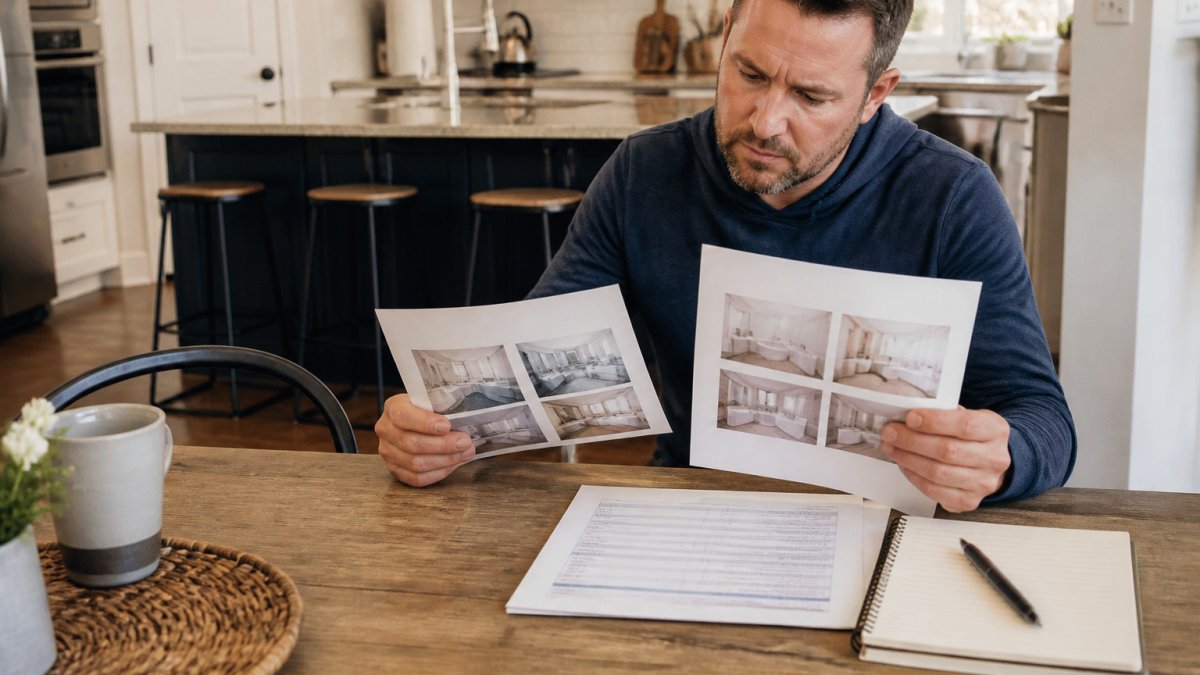 Infographic showing a homeowner reviewing references and a bathroom contractor’s portfolio at a kitchen table.