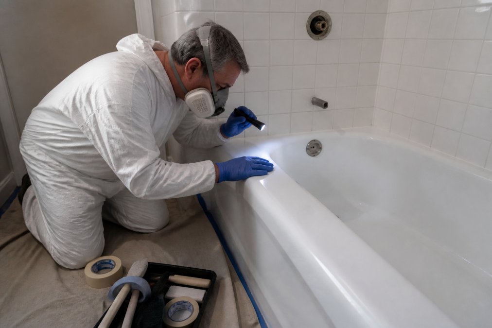 A bathtub refinisher in protective gear inspecting a tub surface with a flashlight and professional tools.