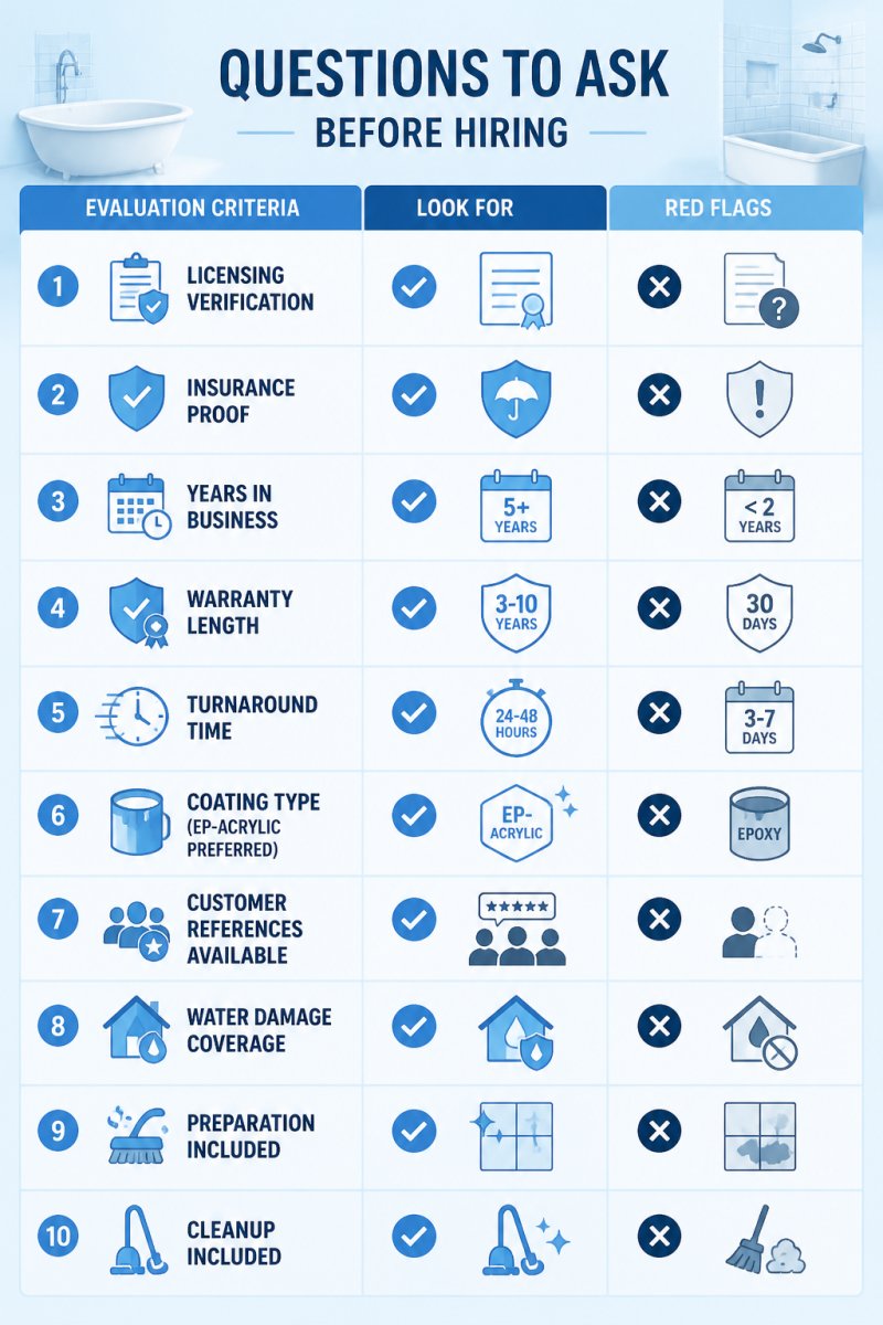 Checklist matrix showing 10 key evaluation criteria for bathtub refinishing companies: licensing verification, insurance proof, years in business, warranty length, turnaround time, coating type (EP-ACRYLIC preferred), customer references available, water damage coverage, preparation included, cleanup included
