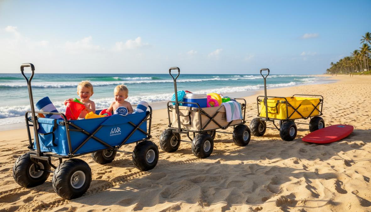 Parent pulling a large-wheeled beach wagon loaded with colorful [beach gear](/beach-gear-rentals-for-family-fun/) and a toddler wearing a sun hat across soft white sand on a bright sunny day, ocean waves visible in the background, warm afternoon light
