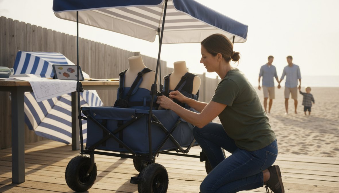Close-up of a toddler with curly hair securely buckled into a padded 5-point harness inside a beach wagon with a bright canopy, wagon parked on sandy beach with colorful umbrellas and a blurred family scene in the soft background, warm natural light