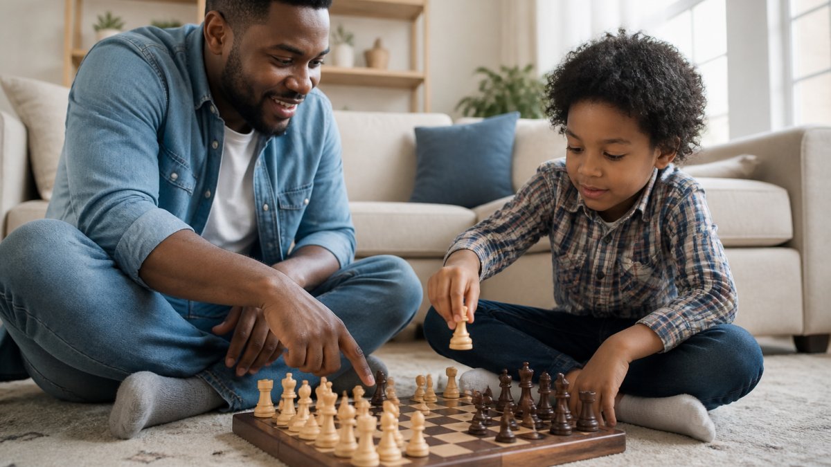 A parent and child playing with a wooden beginning chess set on a living room rug during a sunny afternoon