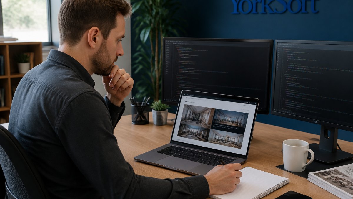 Business professional reviewing website mockups and code samples on a laptop with notepad and pen for notes, sitting at desk with multiple monitors in modern office